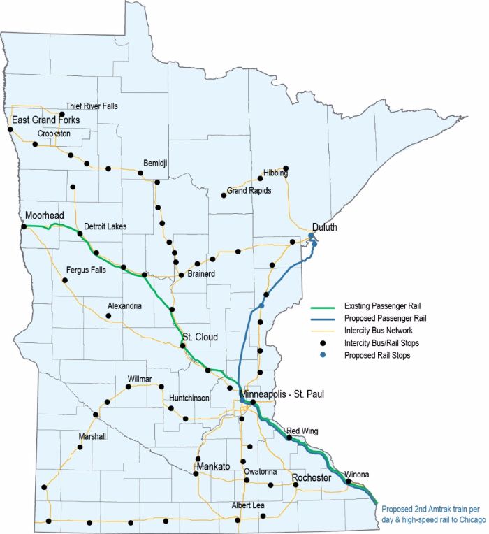 Minnesota's existing and planned intercity passenger rail corridors and existing intercity bus network