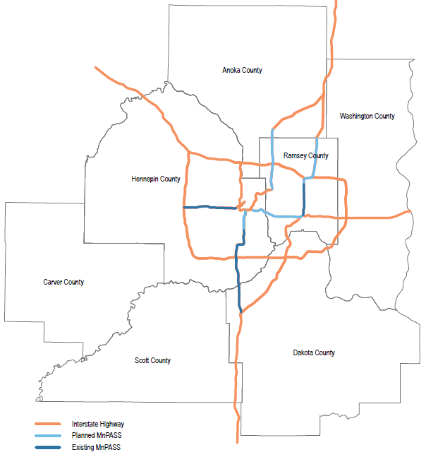 Figure 2-6: Existing & Tier 1 planned MnPASS corridors