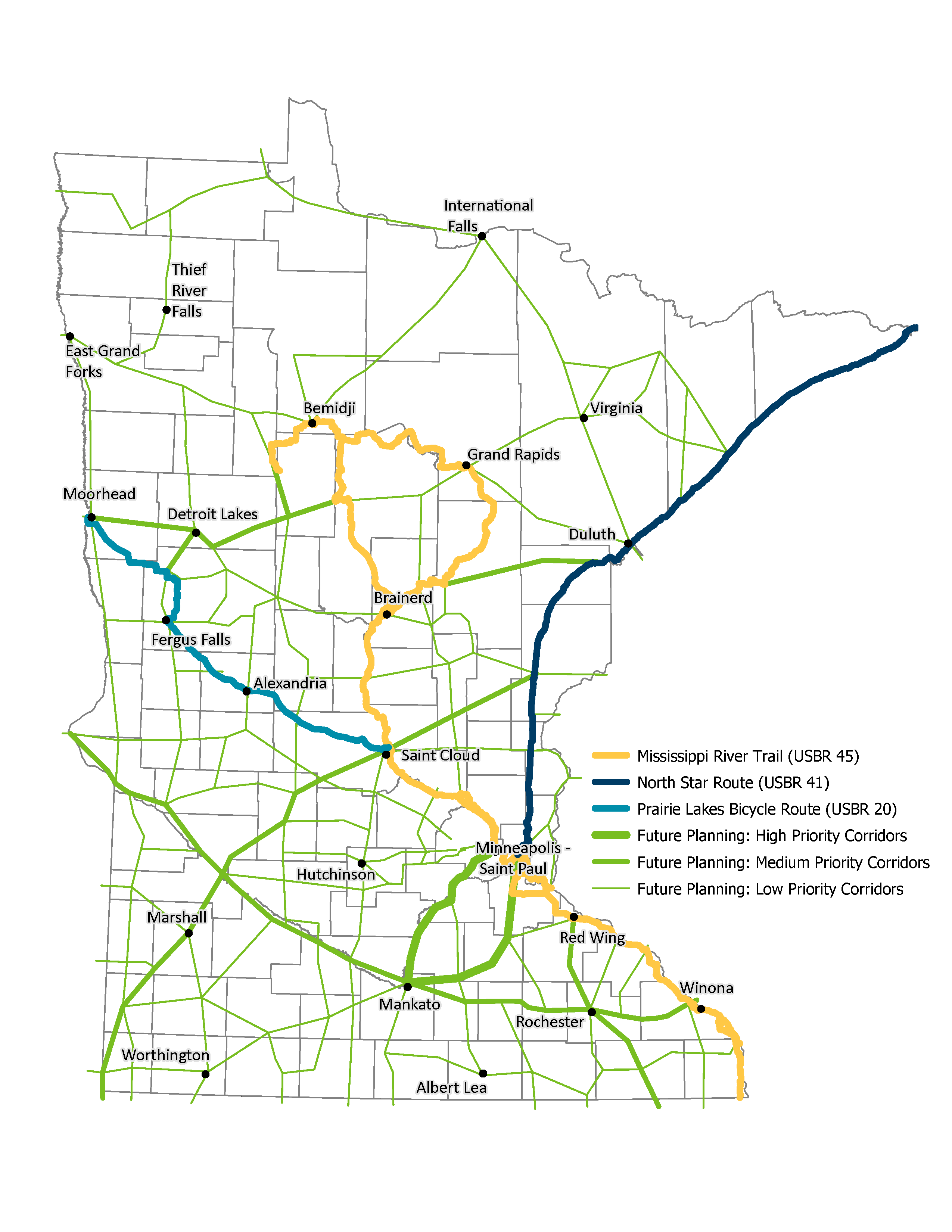 Minnesota map showing location of North Star Route that starts in Minneapolis-St. Paul and goes up to the Canadian border. The map also shows the Mississippi River Trail which spans from south of Winona through the Twin Cities, St. Cloud, up into Brainerd, Grand Rapids and the Bemidji area. The map also includes future priority bicycle corridors. 