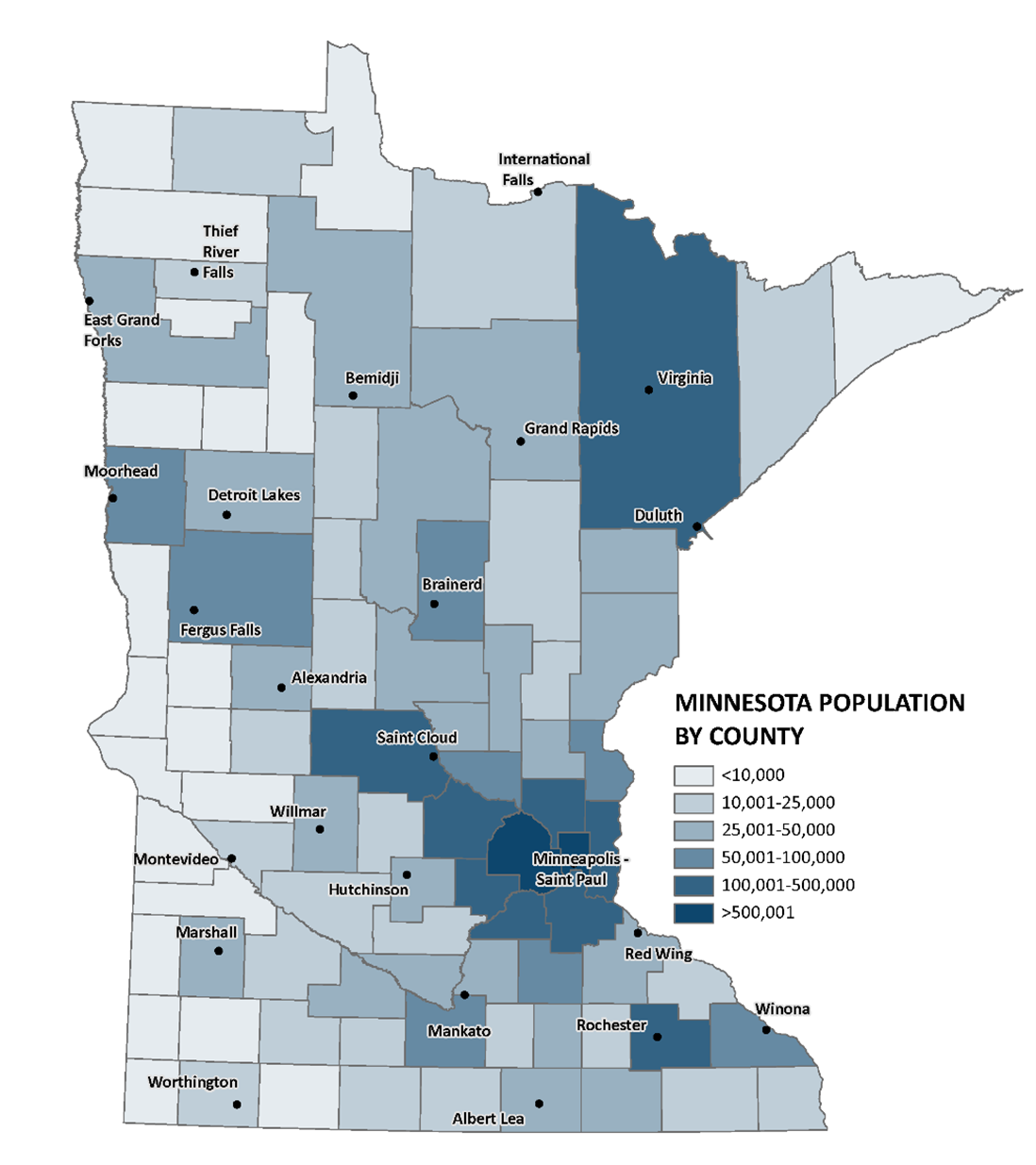 Minnesota map that shows total population by county in 2019. The counties with the most population are located in the seven-county metro area, in the Rochester and Mankato areas, as well as along the Interstate-94 corridor toward the Fargo-Moorhead area. Most of these counties have populations over 50,000 people. 