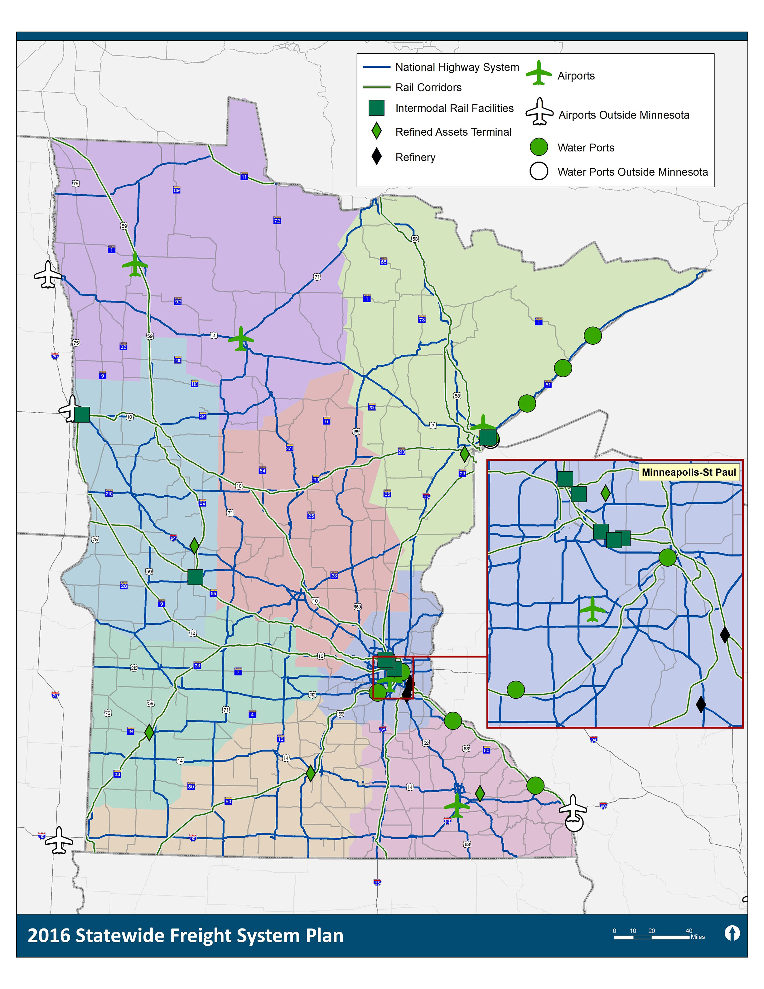 This is a map of Minnesota's Principal Freight Network. All modes are depicted, overlaid on an image of the state, with each MnDOT District identified by a different color.