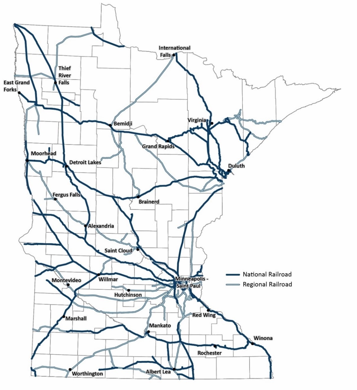 Chart shows the mix of commodities that are originated on Minnesota’s freight rail network. 48% of commodities on the rail network are iron ore/taconite, 19% falls into an other category, 15% are farm products including grain, 8% are food products, 6% are nonmetallic minerals and 4% of commodities are chemicals. 