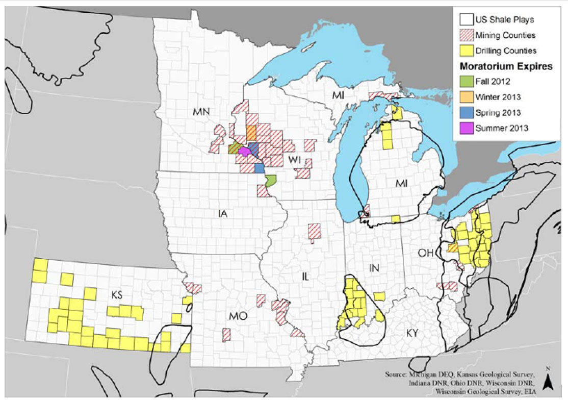 This image is a map that highlights areas where sand mining is currently underway in Minnesota and throughout the Midwest. In Minnesota, mining is concentrated in the southeastern part of the state.