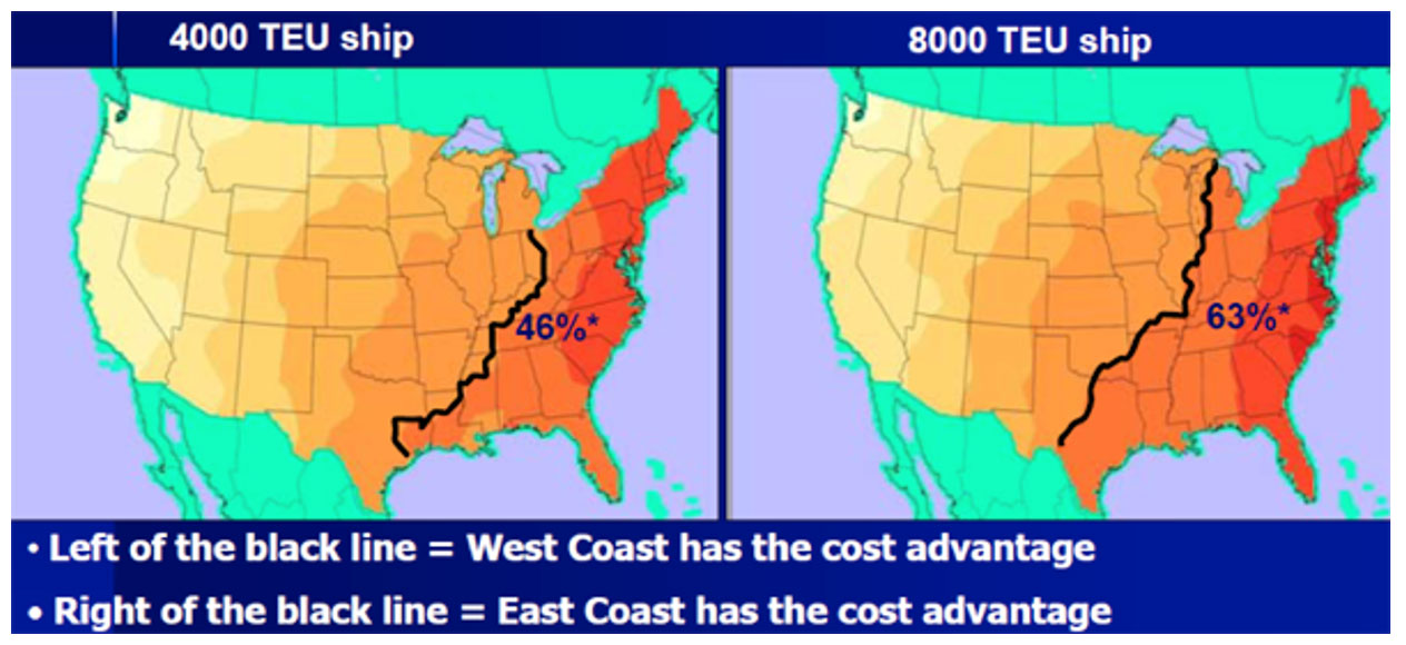 This image is a map that shows the cost advantage regions by ship size. For all ship sizes, Minnesota is in the West Coast port cost advantage territory. 
