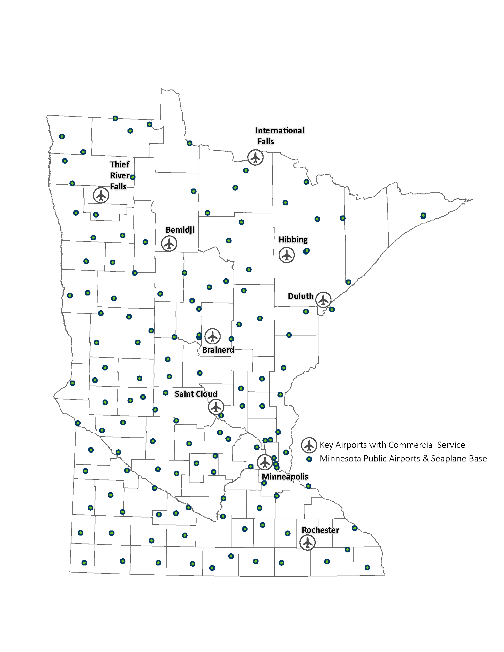 Map of airports throughout Minnesota