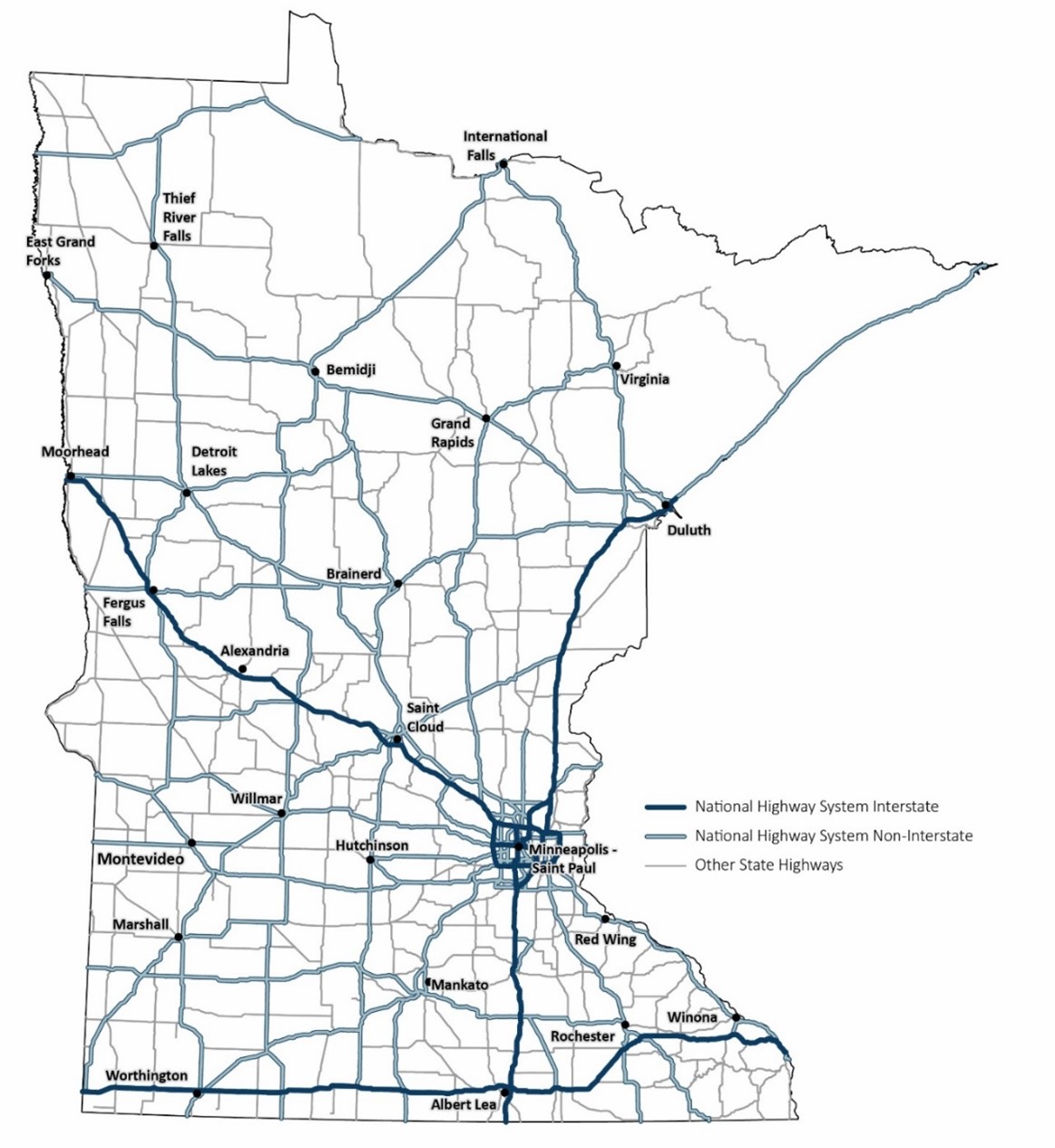 Minnesota map that shows existing state highway network. This includes the National Highway System Interstate, National Highway System Non-Interstate and other State Highways across the state. 