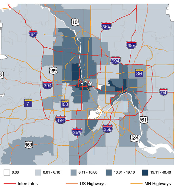 Map of Asthma Hospitalization Rates per 10,000 People