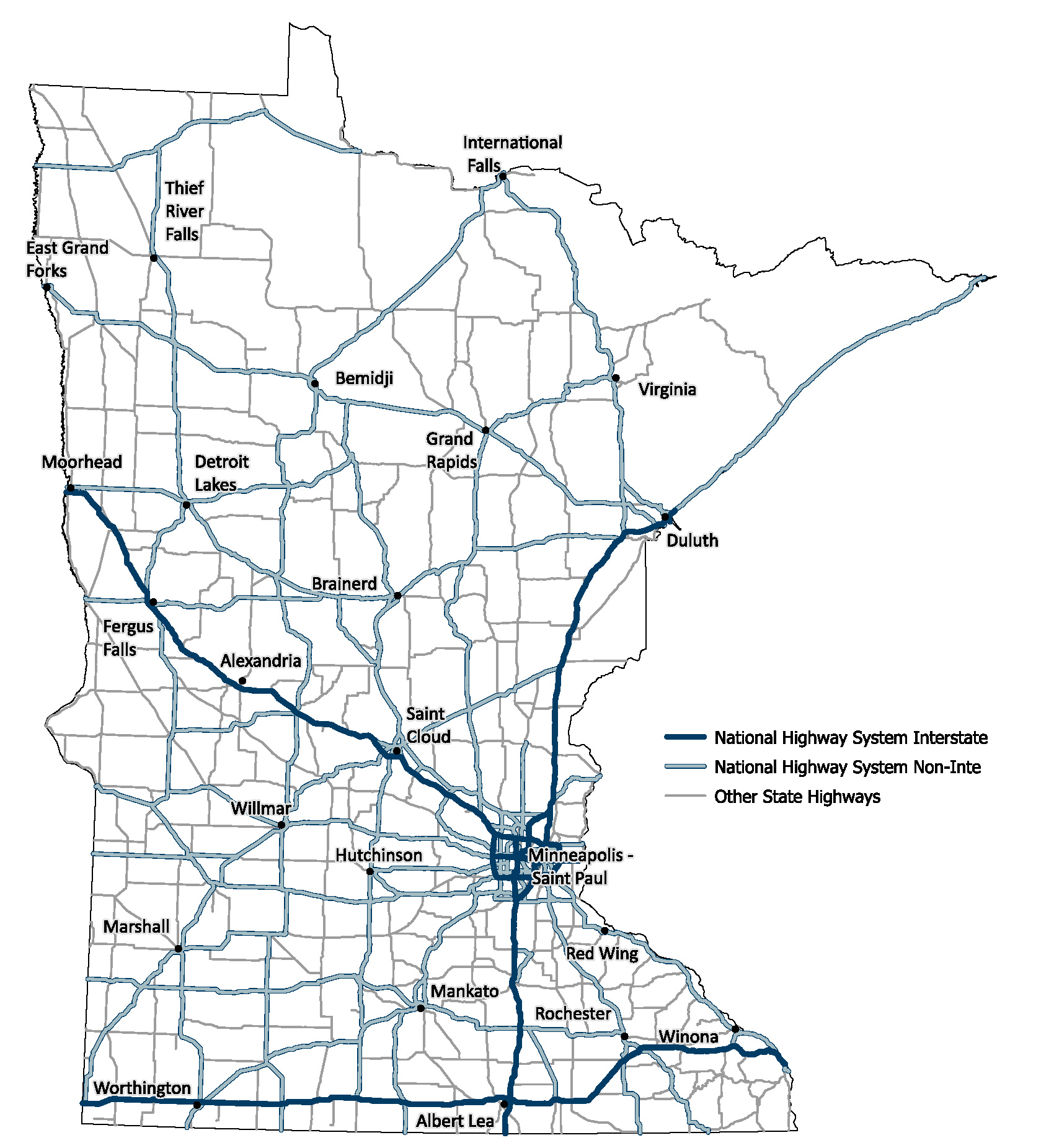 State map of Minnesota with all the State, National interstate, and national non interstate highways listed.