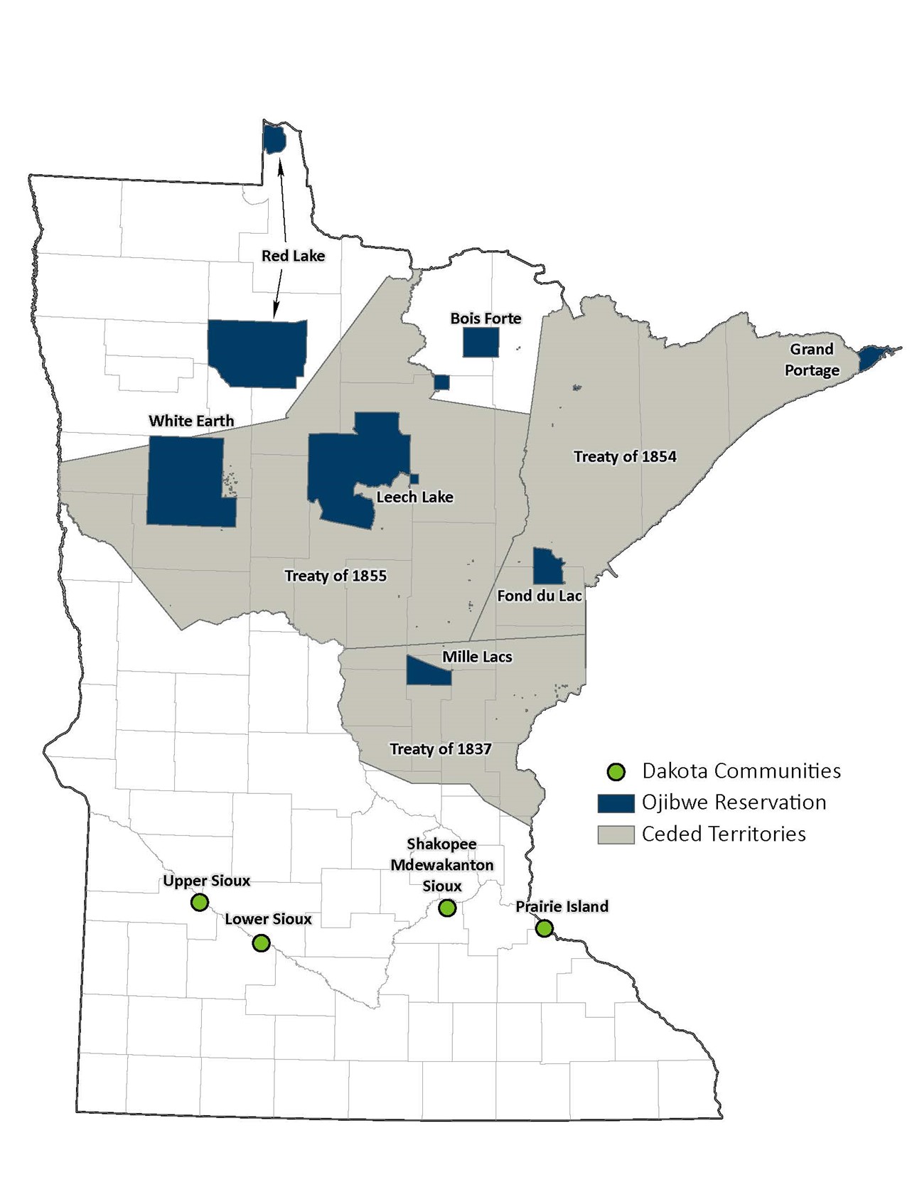 Map of Tribal Boundaries within Minnesota. Map depicts Dakota Communities with a green circle and Ojibwe Reservations with a blue shape. Grey areas denote the ceded territories by treaty.