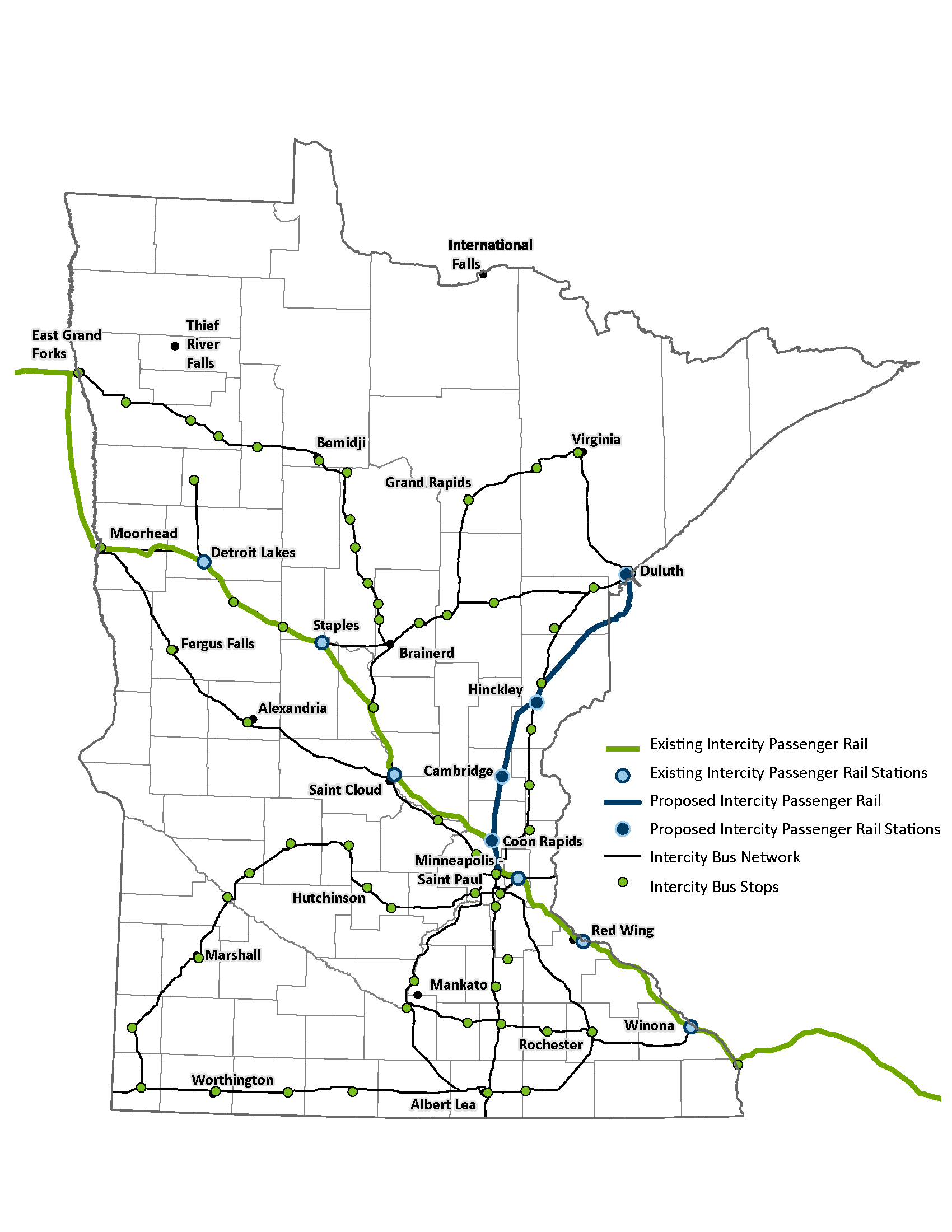 Map of Minnesota with existing and proposed passenger rail routes and station locations. Map also shows intercity bus network routes and bus stops.