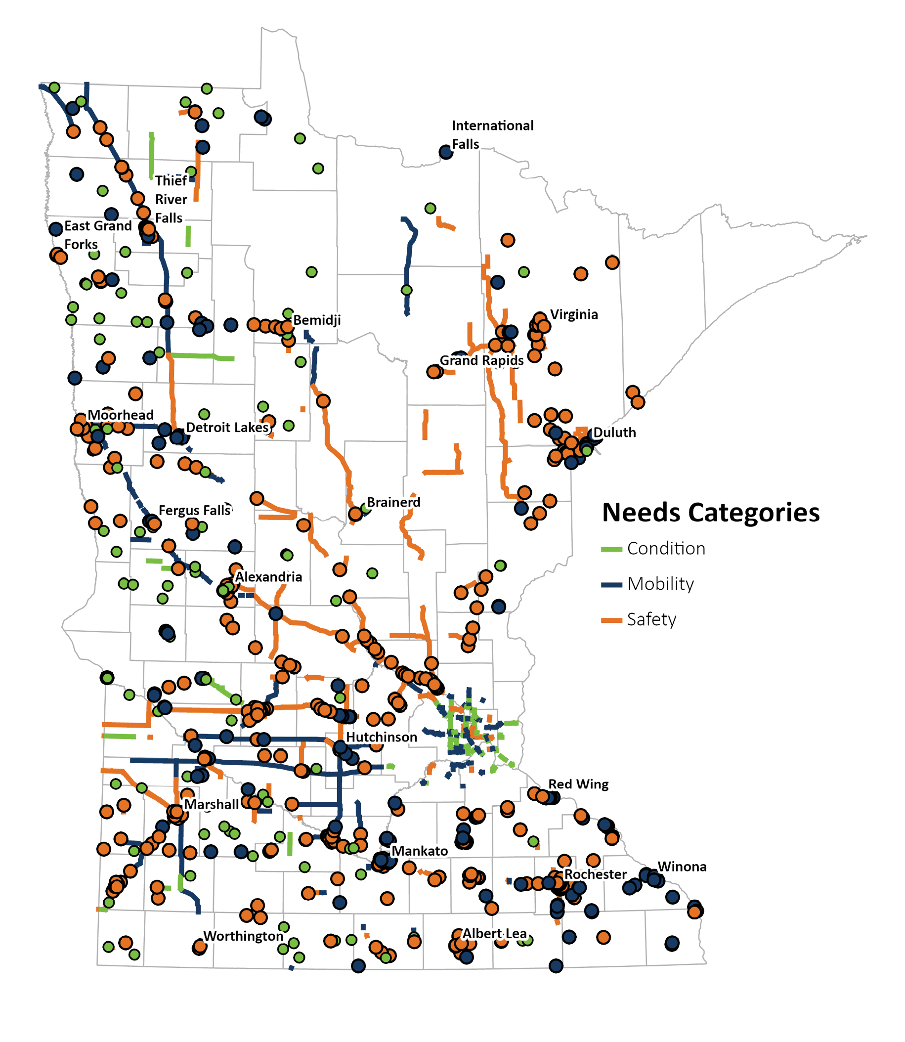 A map of Minnesota with needs related to condition, mobility and safety identified across the state.