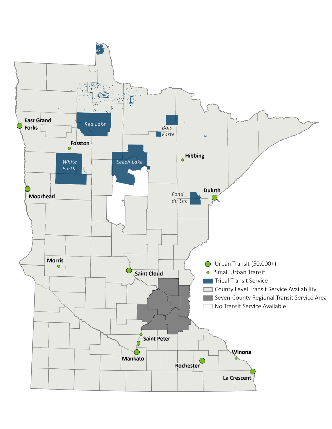 Map showing Greater Minnesota locations of urban transit, small urban transit, tribal transit, county level transit, the seven-county transit service area and location where there is no transit service available. 