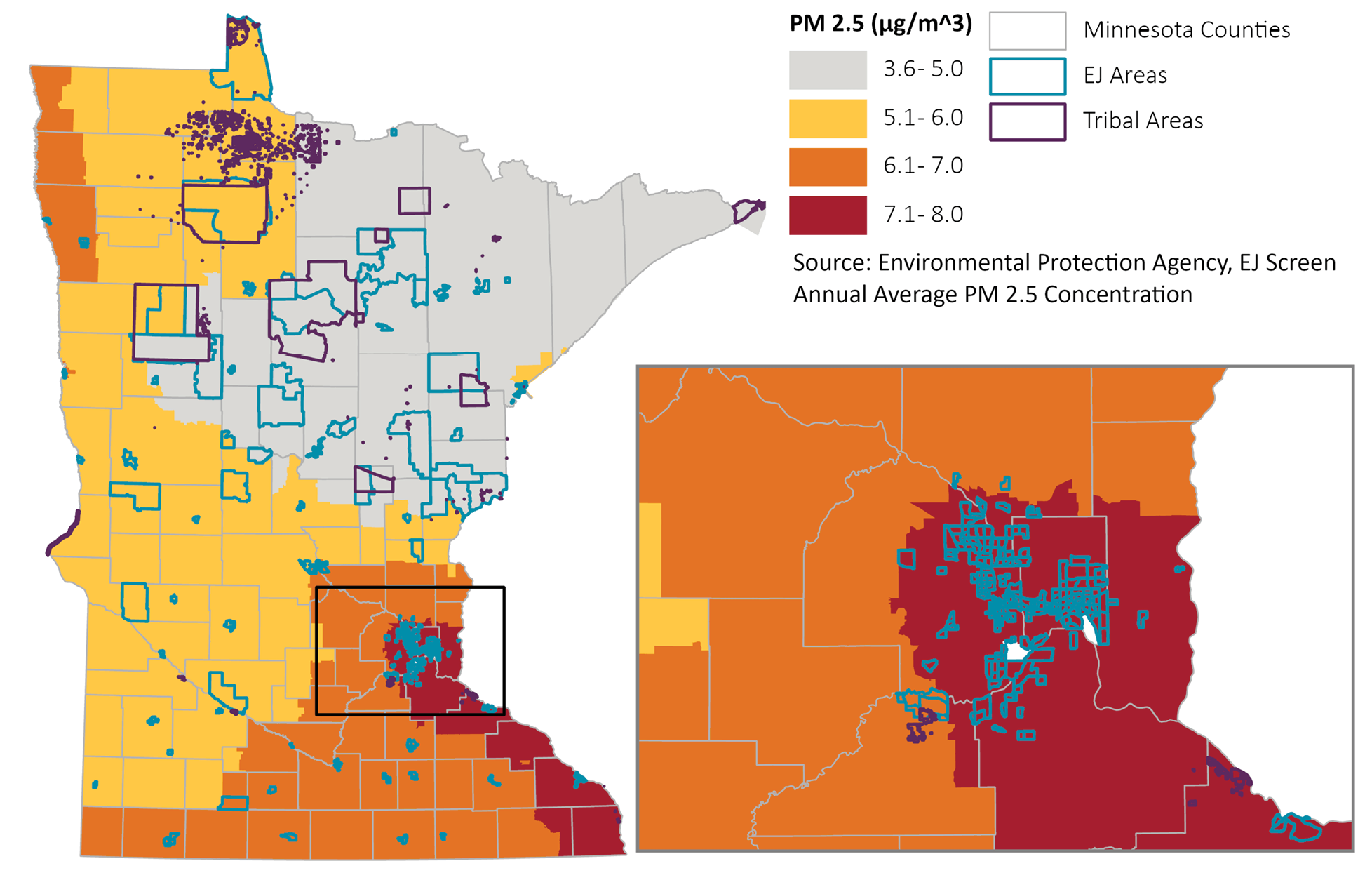 Map showing annual average concentrations of particulate matter in Minnesota compared to locations of environmental justice populations.